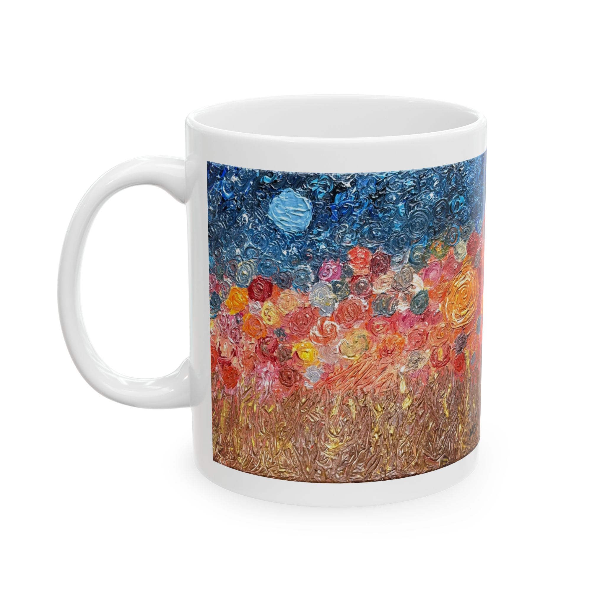 Floral Nightscape Ceramic Mug — Colorful Impressionist Field Coffee Cup (11oz/15oz)